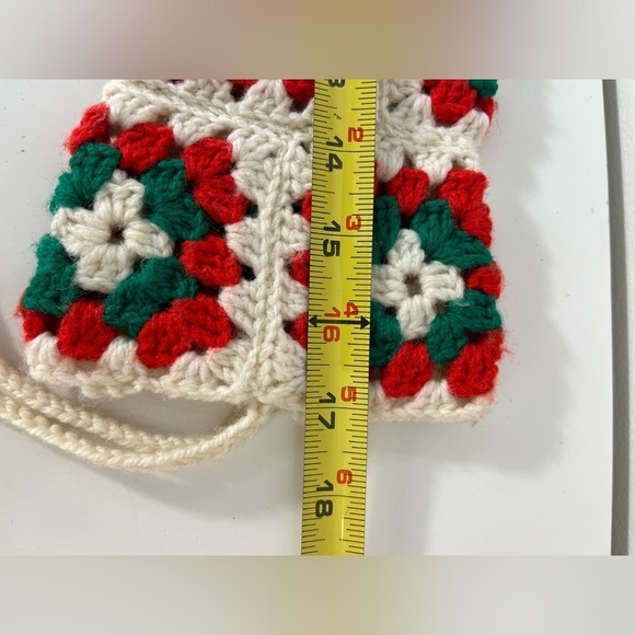Vintage Christmas Stocking Handcrafted Granny Square Crochet White Red Green - Picture 3 of 4